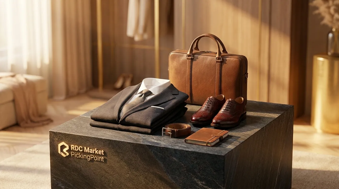 Sélection de produits RDC Market : costume, sacoche et souliers en cuir